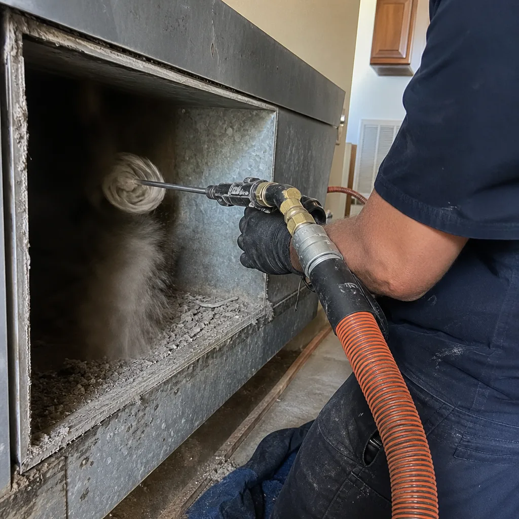 Technician using rotary brush tool for professional residential air duct cleaning