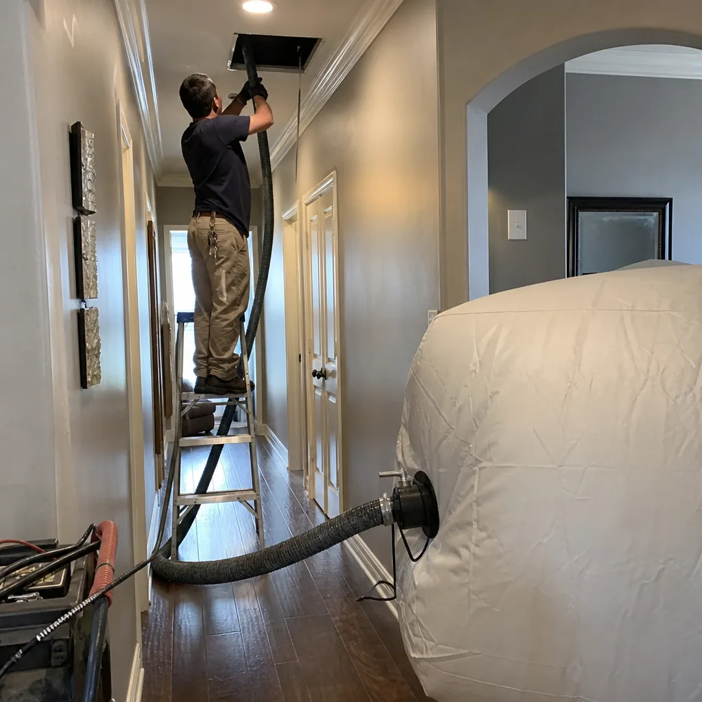 Technician using professional air duct cleaning vacuum equipment in a home hallway