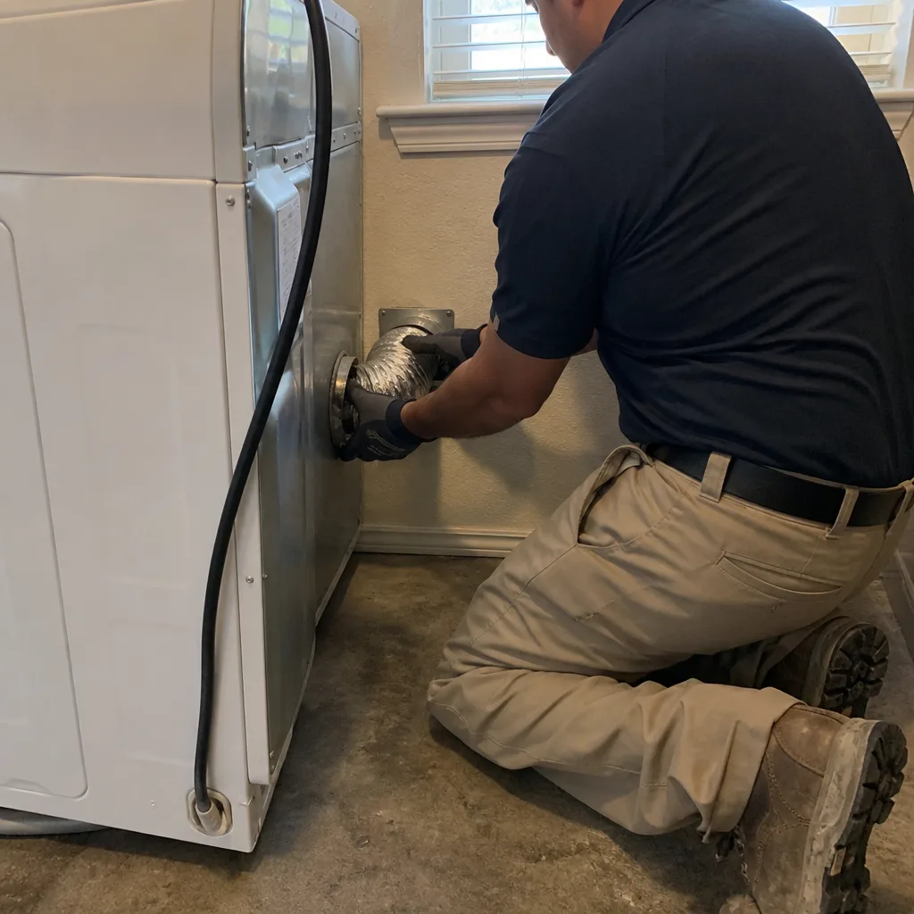 Technician connecting flexible metal dryer vent hose to the back of dryer.