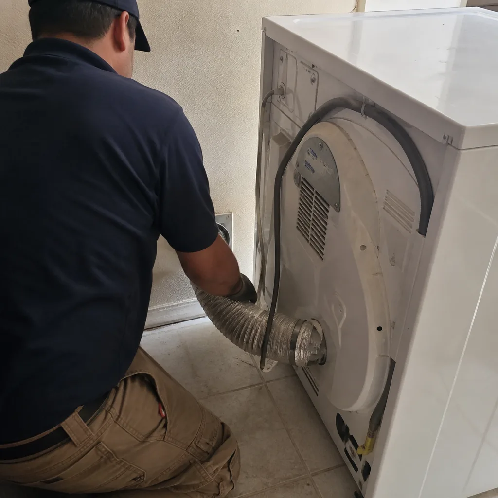 Technician performing professional dryer vent cleaning service