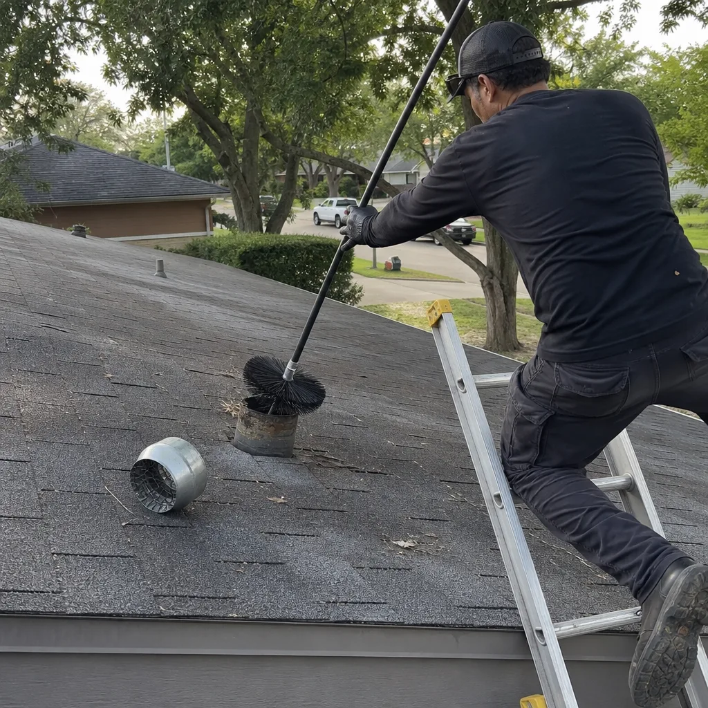 Professional technician performing residential dryer vent cleaning from a roof ladder